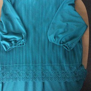 Vintage 90s CUE FASHIONS Teal 2pc-Look Dress 24W Lace Crinkle Top 3/4 Sleeves